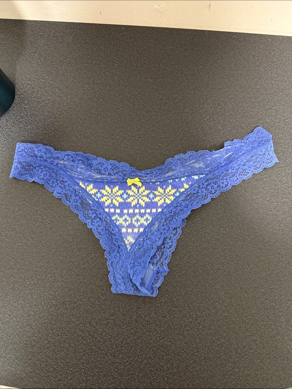 aerie Blue Lace Thong with Yellow Pattern